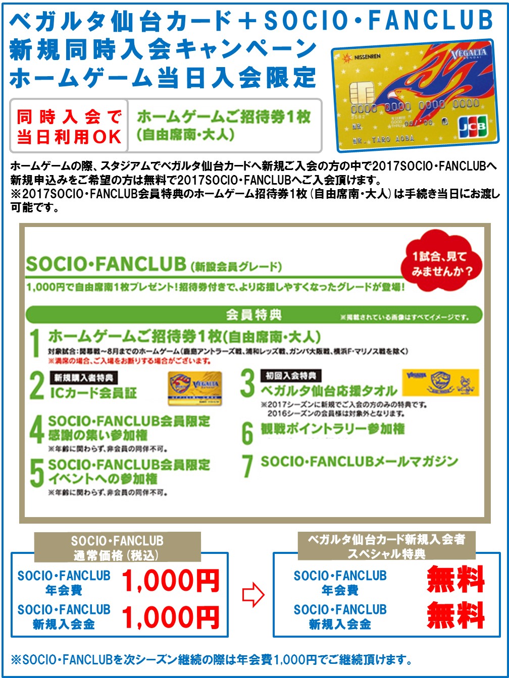 バックナンバー17 6月4日 J1 甲府戦 ベガルタ仙台カード Socio Fanclub新規同時入会キャンペーン